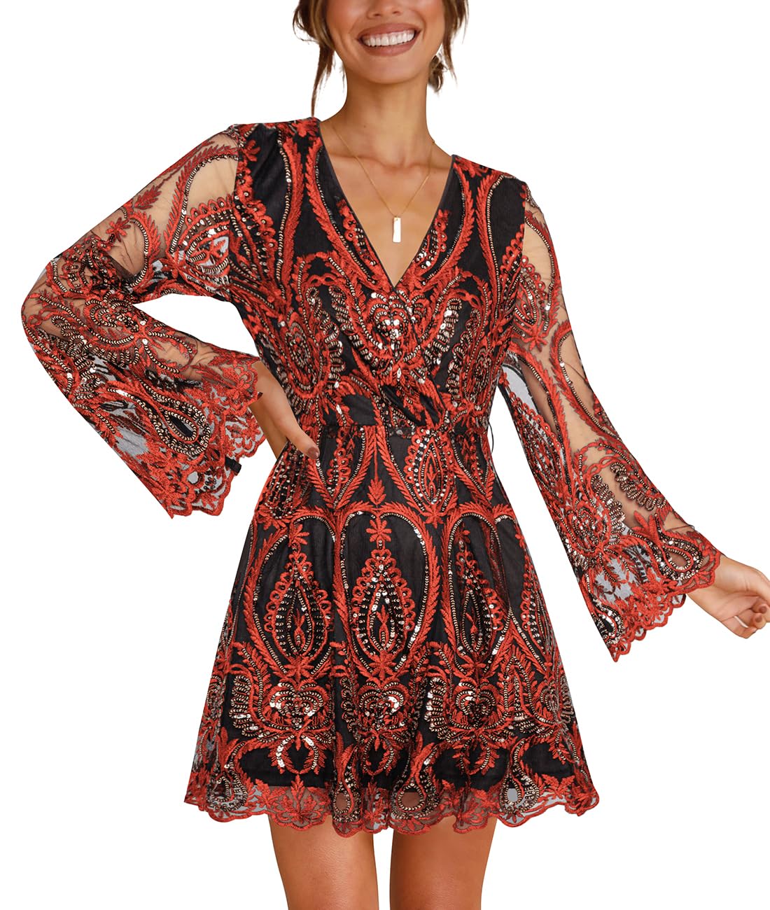 Night Out Dress Long Sleeve Deep V Neck Embroidered Sequin Party Dress Red M