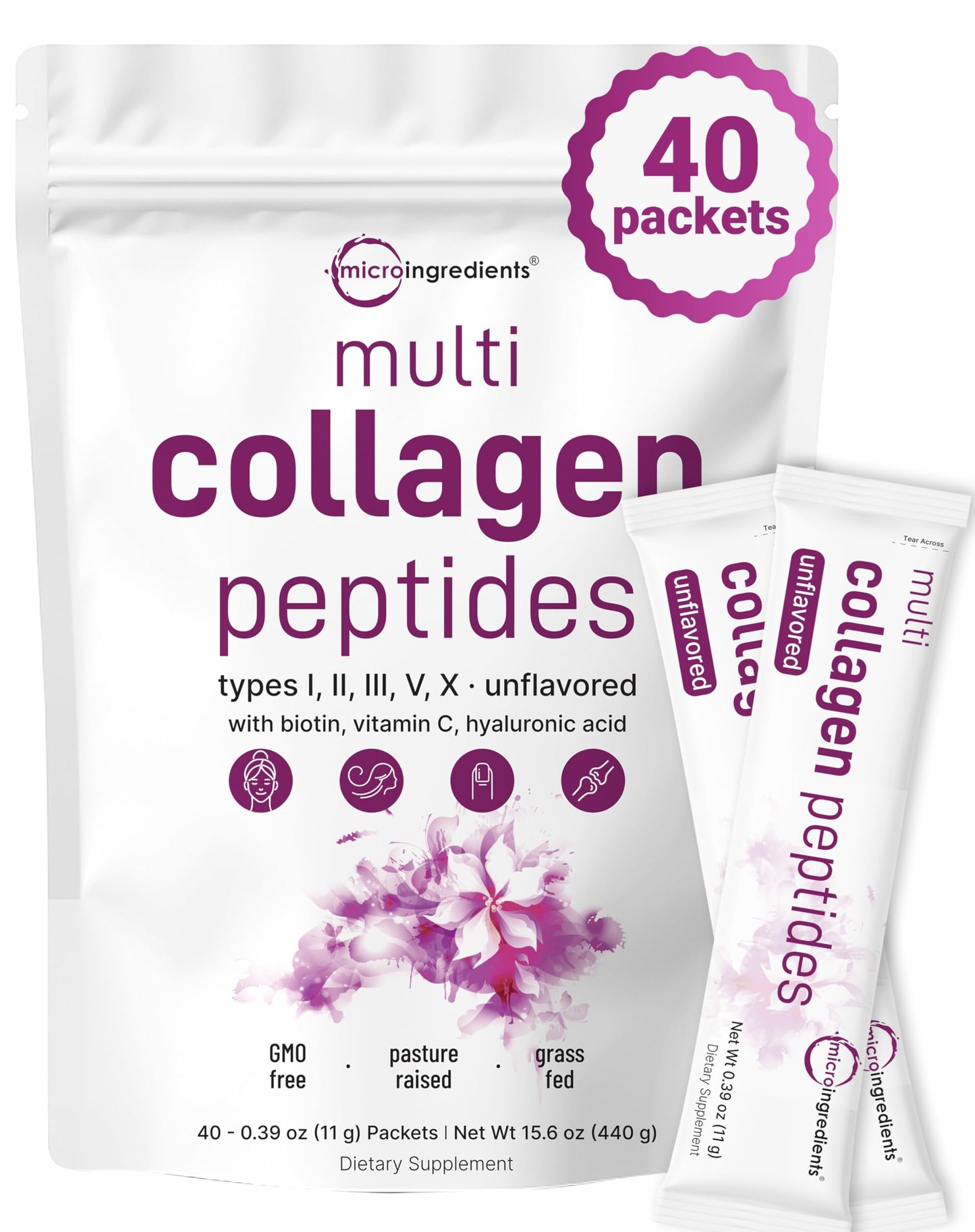 Multi Collagen Peptides 40 Packets | Hydrolyzed Protein Peptides Powder | Type IIIIIIVX with Hyaluronic Acid Biotin & Vitamin C | Unflavored Keto & Paleo Friendly | Ez Mix in Drinks