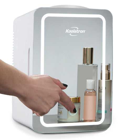 Cosmetics Fridge w/Lighted Makeup Mirror 6L Portable Skincare Refrigerator w/LED Ring Light 12 Volt DC and 110 Volt AC Cords Beauty Serum Face Mask Home Travel Hotel Dorm Office