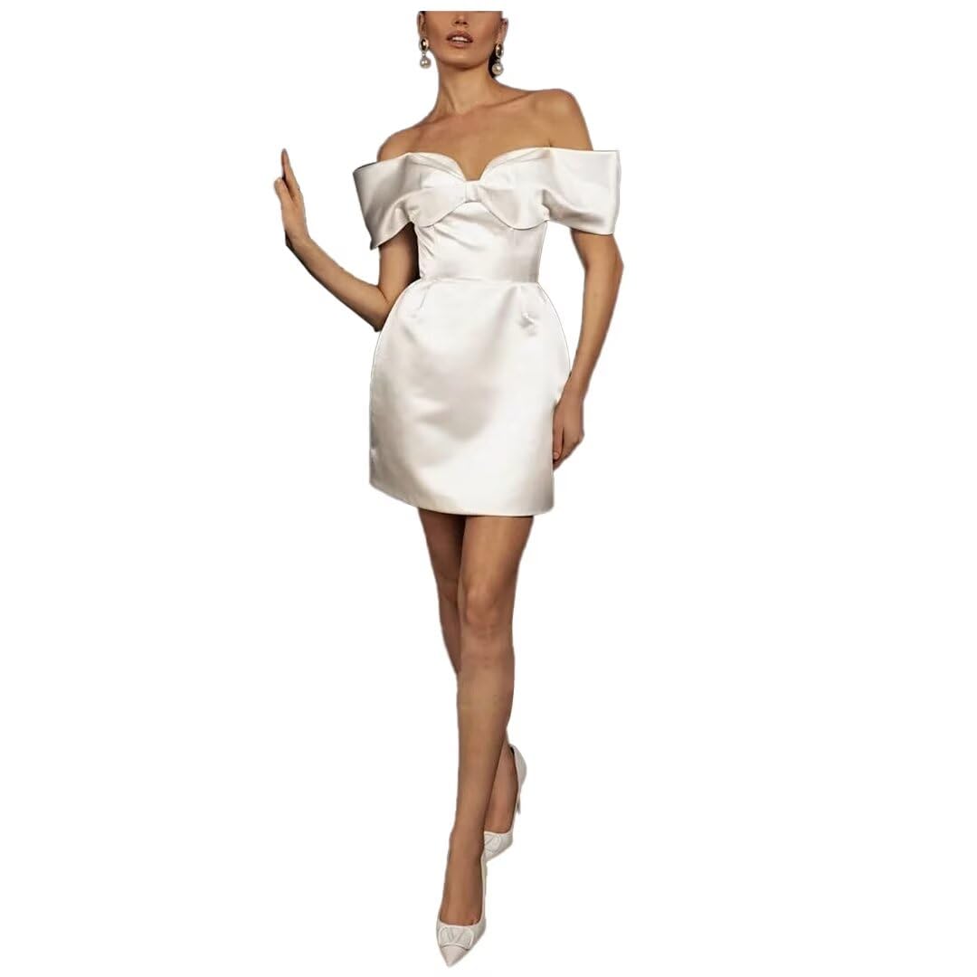 Off-Shoulder Mini Wedding Dress for Bride Satin Short Bridal Shower Dress with Bow Simple Homecoming Party Dress White 14