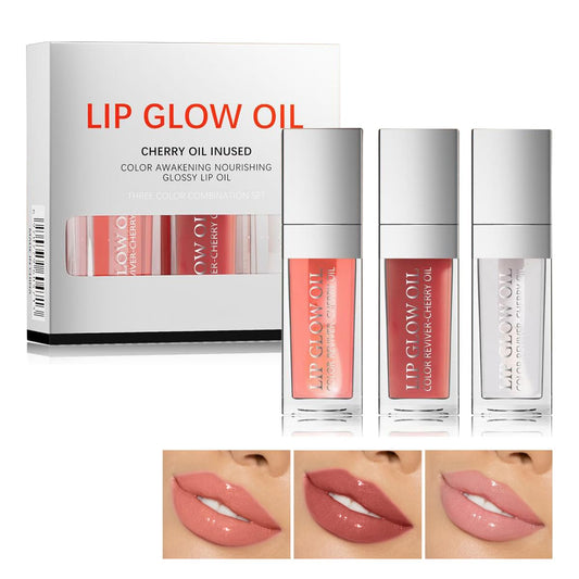 3Pcs Plumping Lip Oil Lip Glow Oil Tinted Lip Balm Lip Care Long Lasting Nourishing Transparent Toot Lip Oil Repairing Lip Lines and Prevents Dry Cracked Lip Plumper (Lip Gloss- B Set)