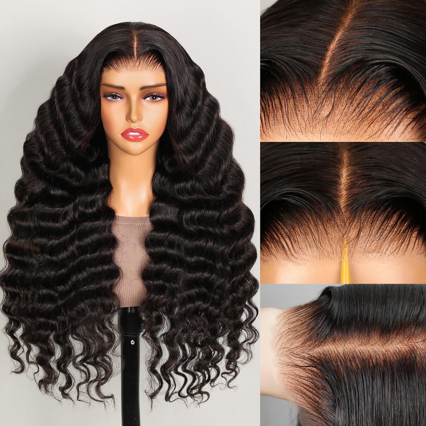 Wear and Go Glueless Wigs Human Hair Pre Plucked Pre Cut 220% Density Loose Deep Wave Lace Front Wigs 6x5 Closure Wigs Human Hair 12A Loose Curly Wig Bleached Knots 24 Inch