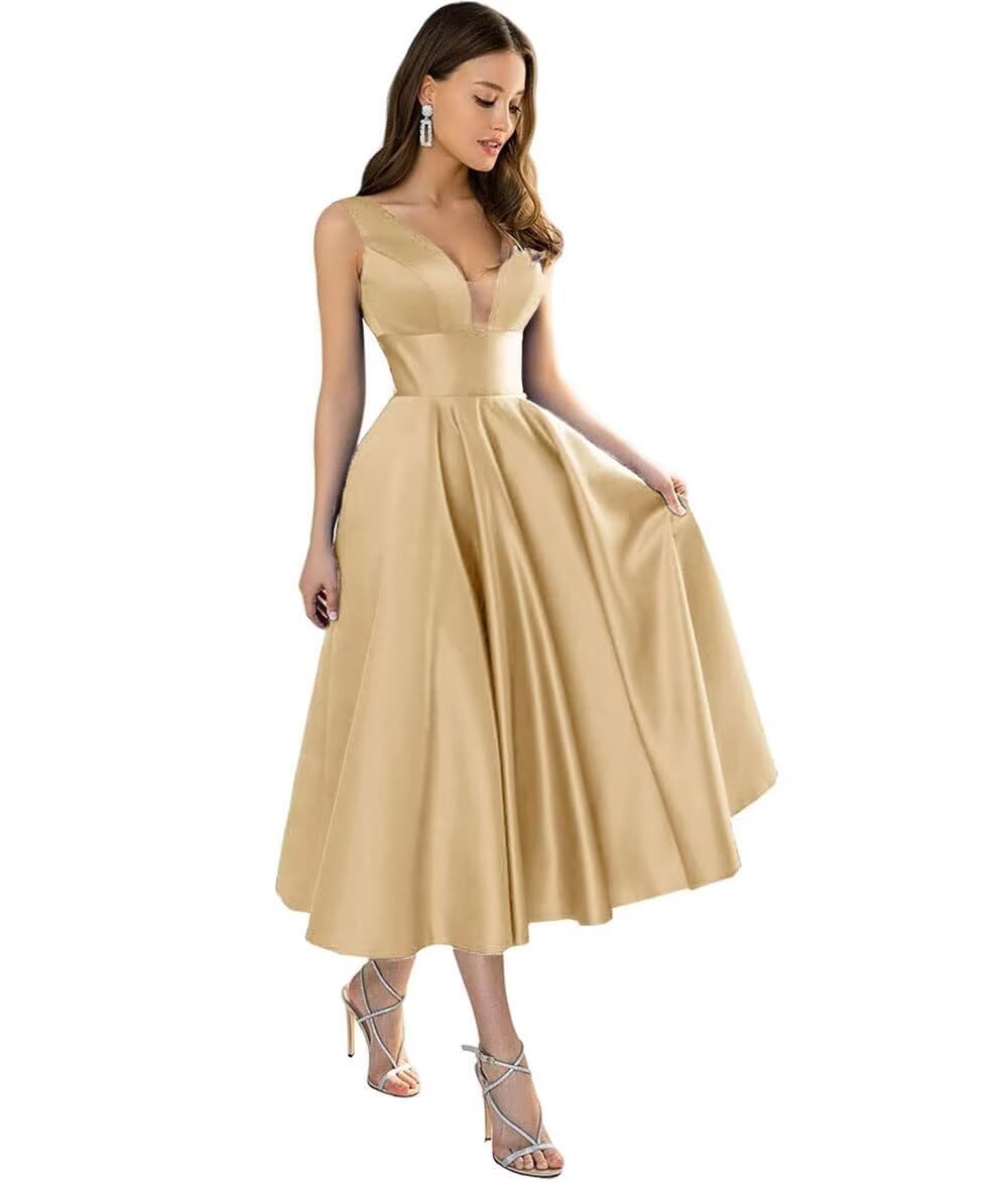 A-line Tea Length  V-Neck Satin Champagne Plus Size Formal Dress with Pockets