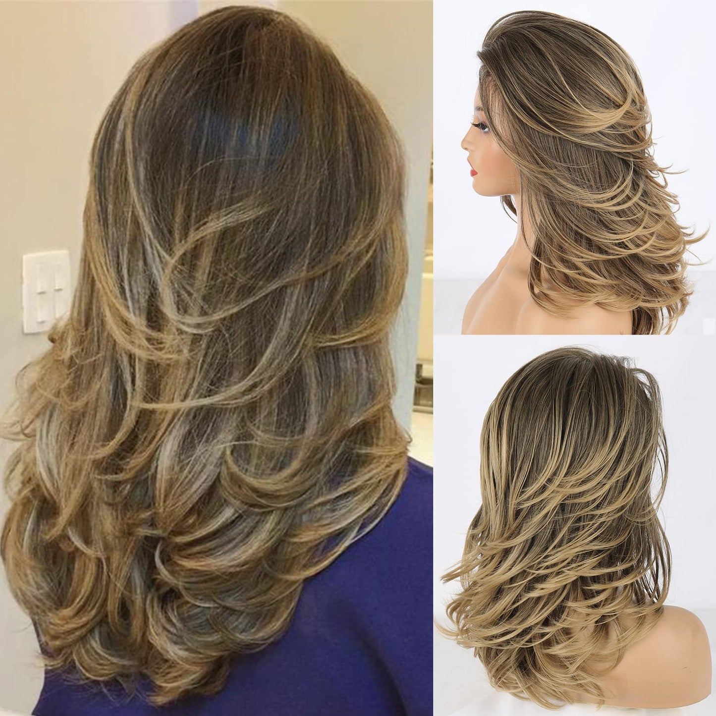 Long Layered Wigs for Women Brown Layered Cut Hair Wig for Girls Long Hairstyles With Layers Soft Heat Resistant Fiber Synthetic Hair Replacement Wig (16Inch Mixed Light Brown#)