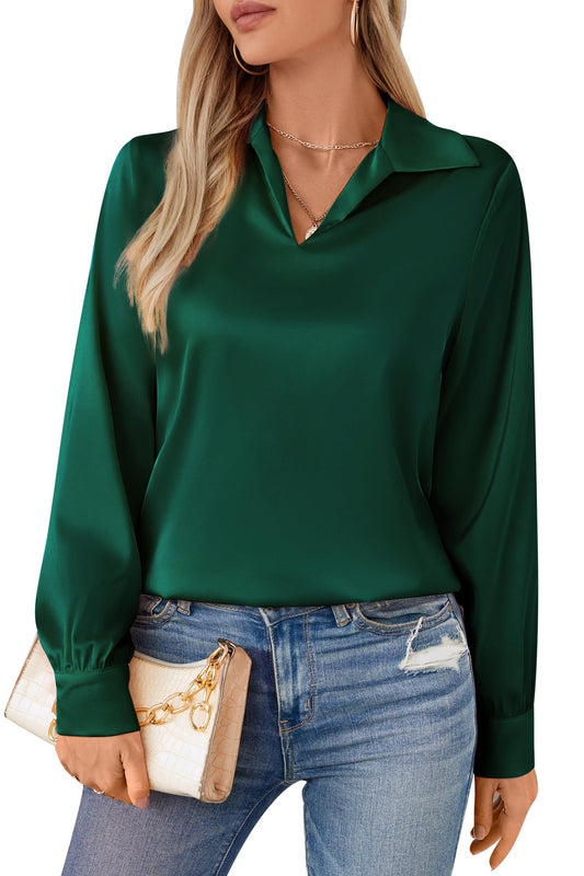 Work Dress Shirts for Women Dressy Casual Silk Satin Tops Long Sleeve Business Office Work Blouses for Women Dark Green