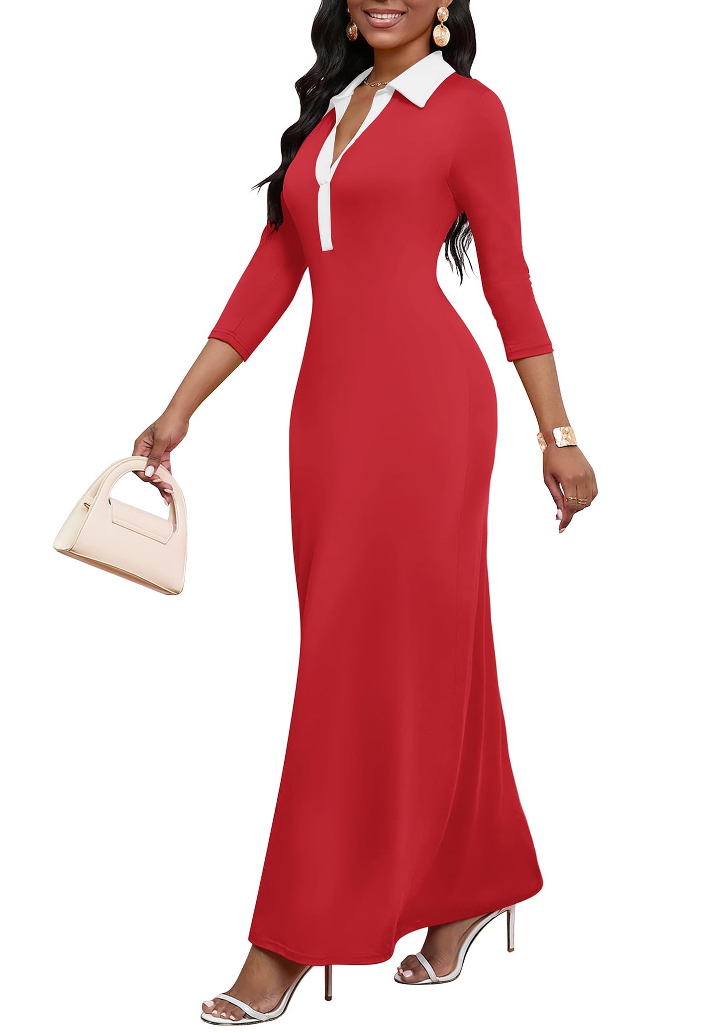 Maxi Dress for Women Fit and Flare A-Line Long Maxi Dresses V Neck 3/4 Sleeve Semi-Formal Church Dress Red M