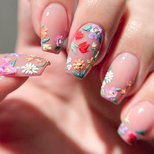 Press on NailsShort Press on Nails Square False Nails with Flower Design Glue on Nails (Cherry Blossom)