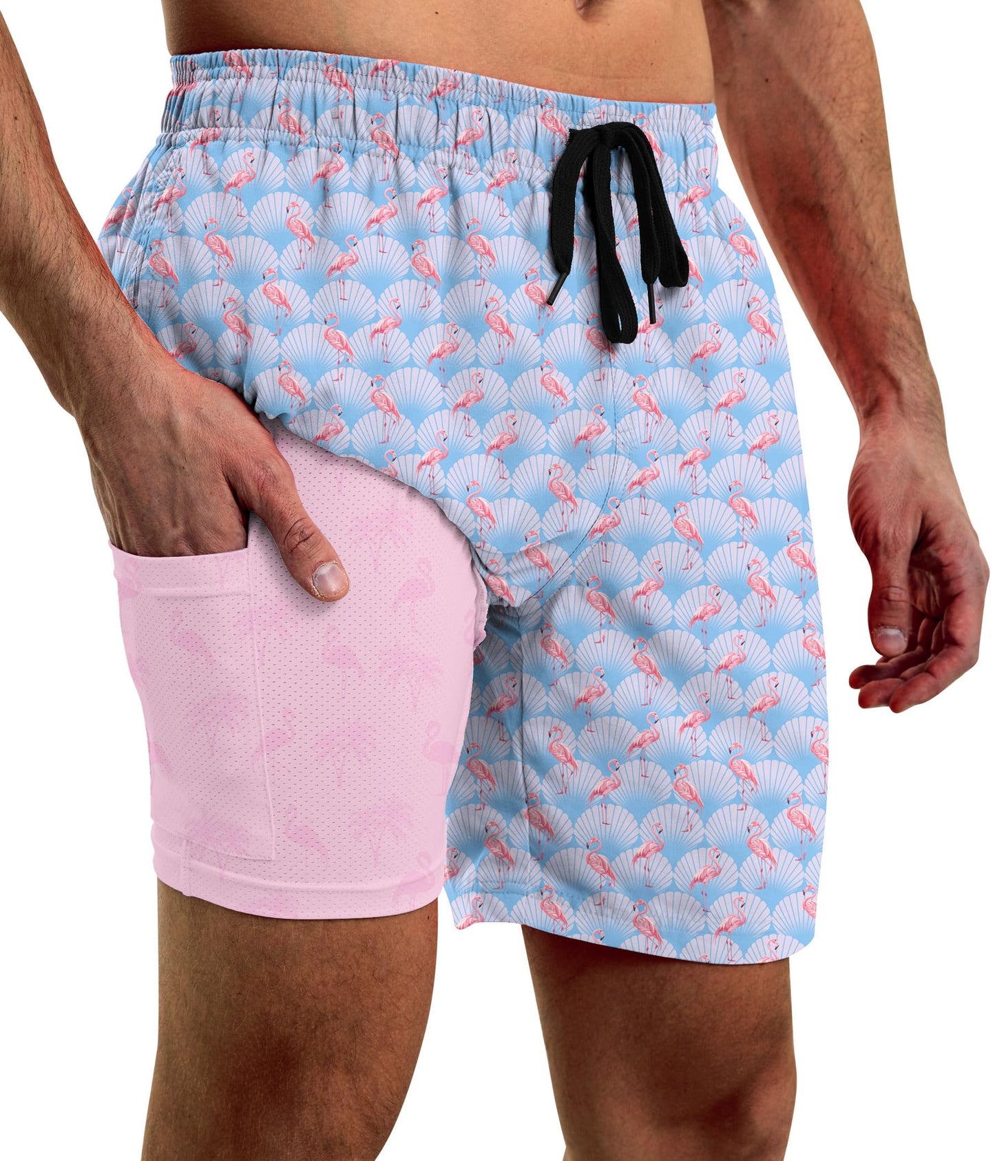 Men Swimming Trunks with Compression Liner Blue Shell Board Shorts Mens Pool Swimwear 5.5" Pink Flamingo Palm Bathing Suits Summer Lightweight Beach Shorts XX-Large
