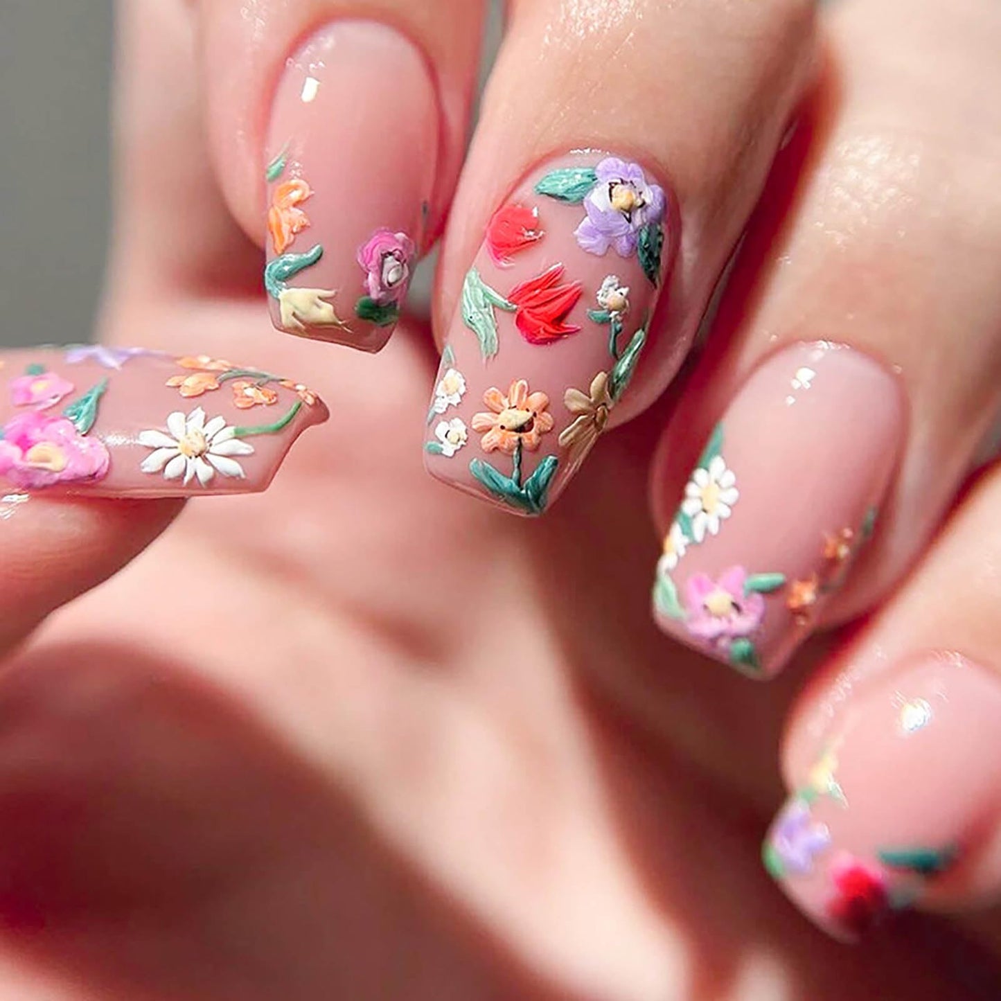 Press on NailsShort Press on Nails Square False Nails with Flower Design Glue on Nails (Cherry Blossom)