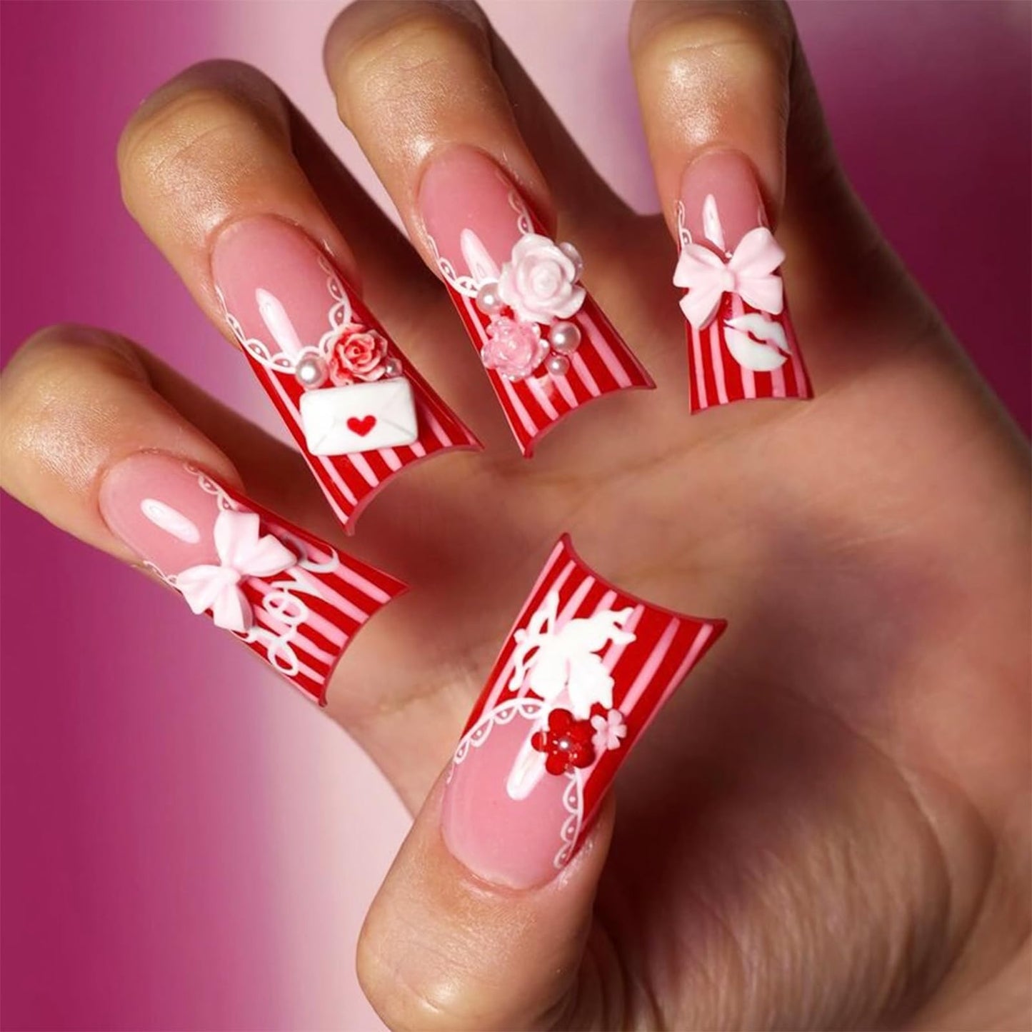 Press on Nails Red Pink French Tips Duck Fake Nails Duck Feet Glue on False Nails with Bow Design Glossy Duckbill Nail Tips Gel Acrylic Manicure Nails Kit for Women Girls 24Pcs