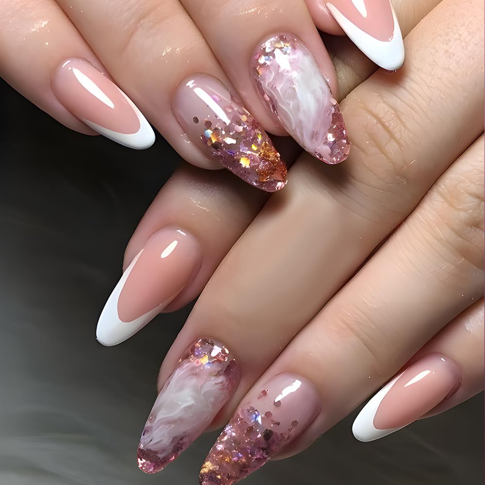 Almond Press on Nails Medium Marble