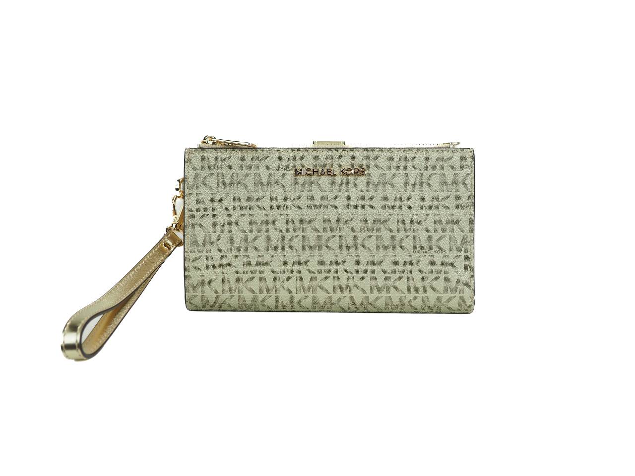 Michael Kors Jet Set Travel Pale Gold PVC Leather Large Double Zip Wrist Wallet
