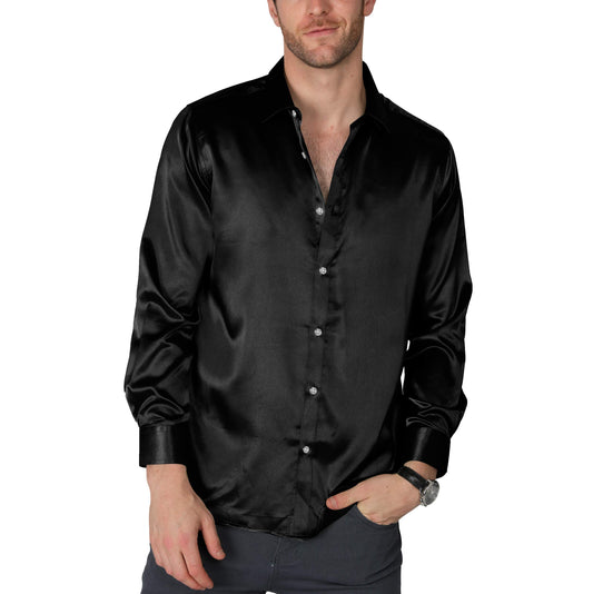 Mens Luxury Dress Shirt Slim Fit Silk Casual Dance Party Long Sleeve Fitted Wrinkle Free Tuxedo Shirts Black