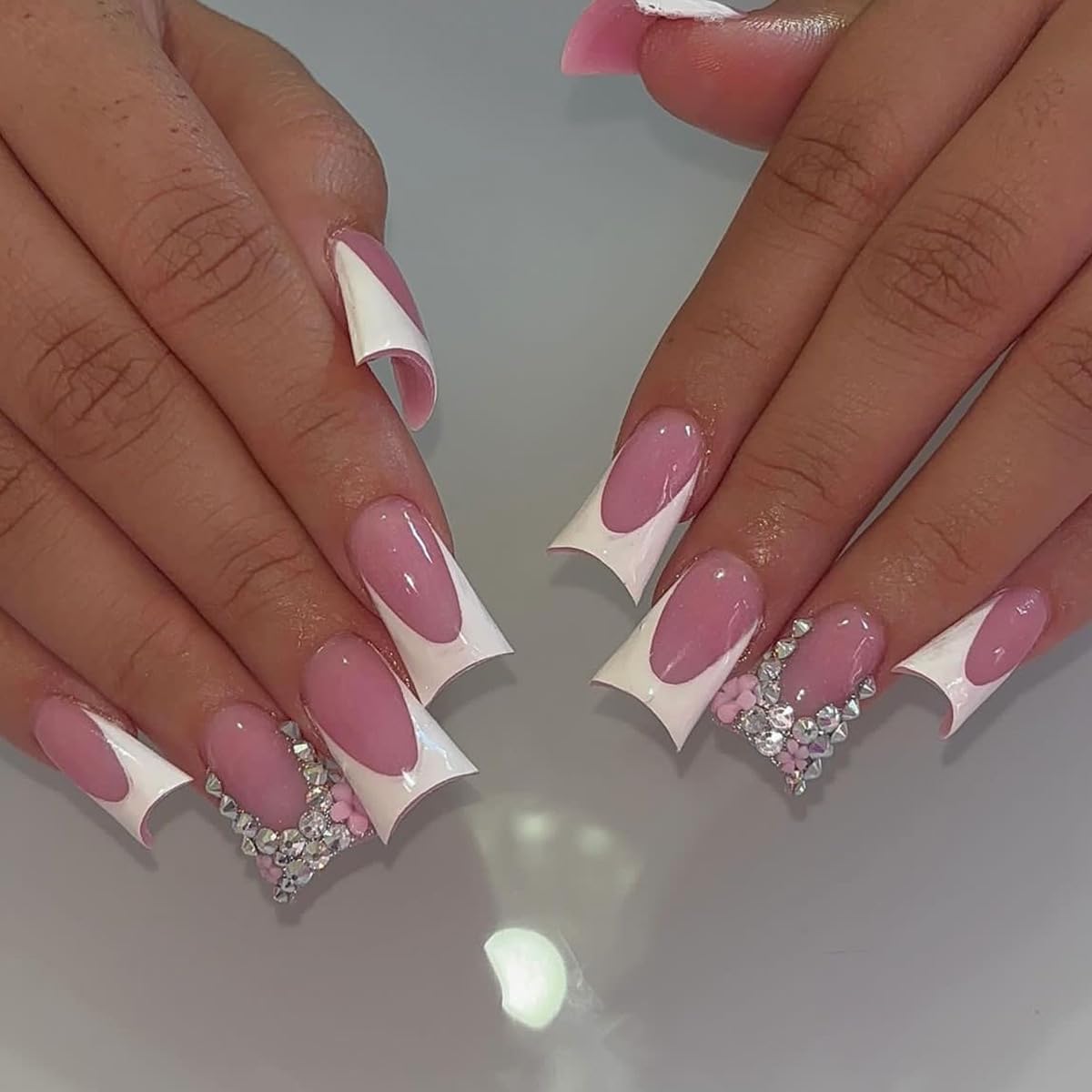 Duck Nails Press on French Tip Short Medium Rhinestones